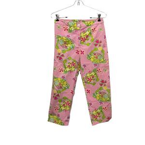Lilly Pulitzer Pink Green Yellow Crab Floral Capri Cropped Ankle Pants Size 2P